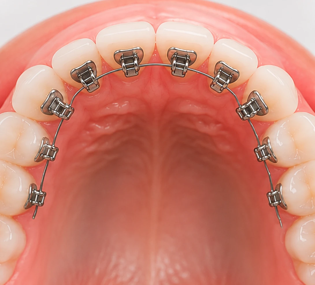 Innere Zahnspange mit Lingualbrackets auf der Zahninnenseite für eine nahezu unsichtbare Korrektur von Zahnfehlstellungen.