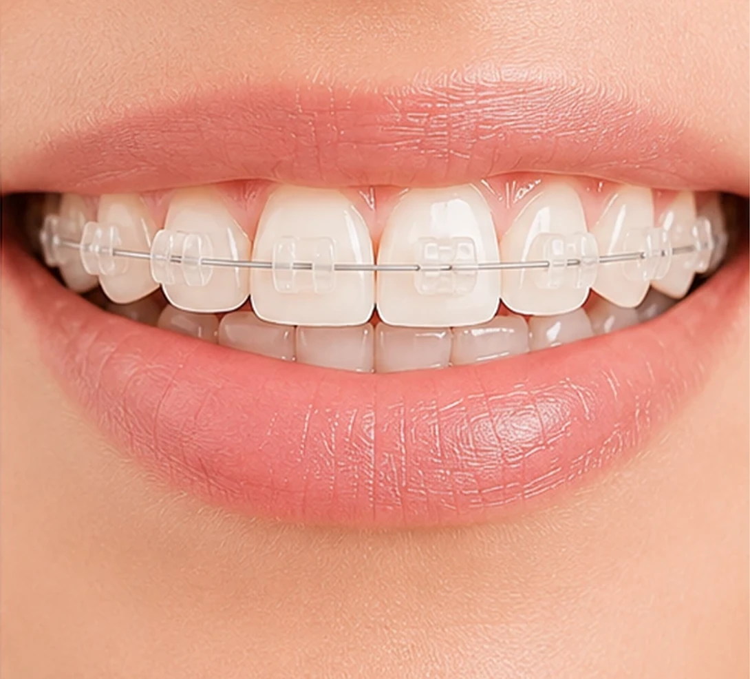 Keramikbrackets auf den Zähnen eines Patienten zur Korrektur von Zahnfehlstellungen mit einer festen Zahnspange.