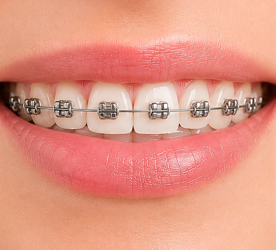 Metallbrackets auf den Zähnen eines Patienten zur Korrektur von Zahnfehlstellungen mit einer festen Zahnspange.