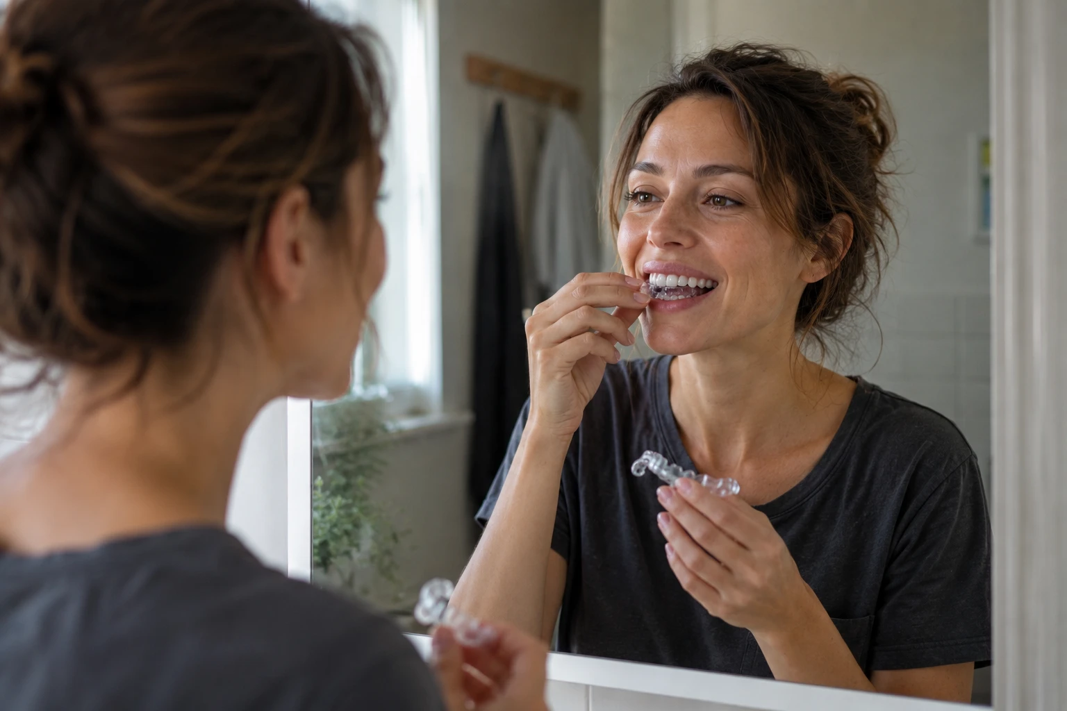 Patientinin mit transparentem Aligner bei der täglichen Anwendung im Badezimmer.