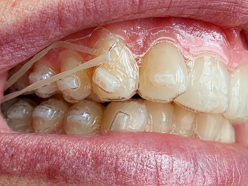 Gummizüge auf den Zähnen als Unterstützung einer transparenten Invisalign-Therapie zur Zahnkorrektur