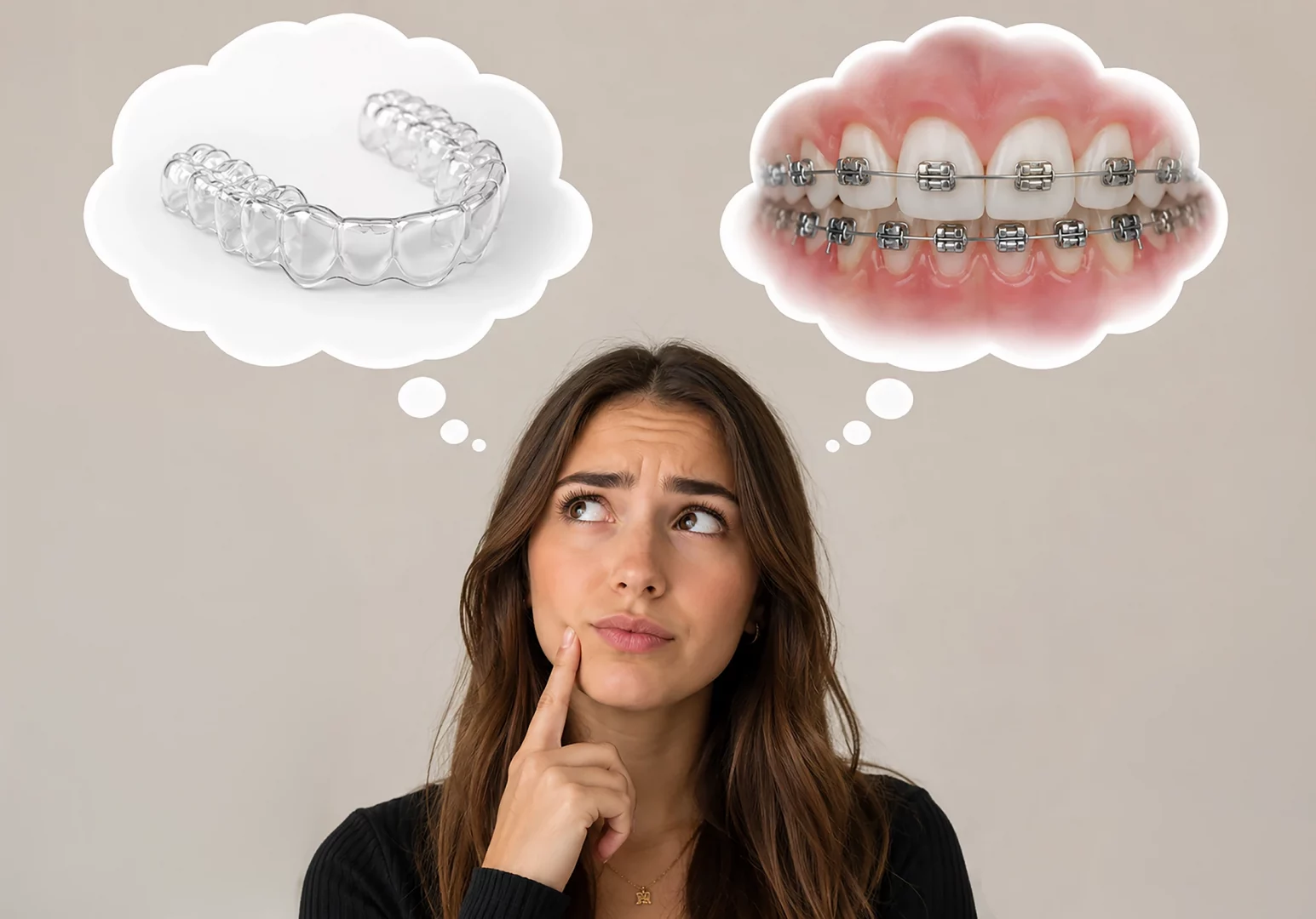 Invisalign Aligner oder feste Zahnspange? Das Bild zeigt eine nachdenkliche Person, die zwischen beiden Behandlungsmöglichkeiten abwägt – ideal zur Veranschaulichung eines Vergleichs in der Kieferorthopädie.