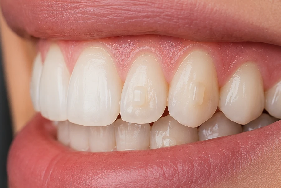 Attachments auf den Zähnen als Unterstützung einer transparenten Invisalign-Therapie zur Zahnkorrektur