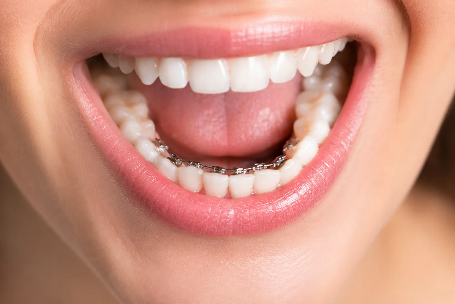 Innere Zahnspange mit Brackets auf der Rückseite der Zähne