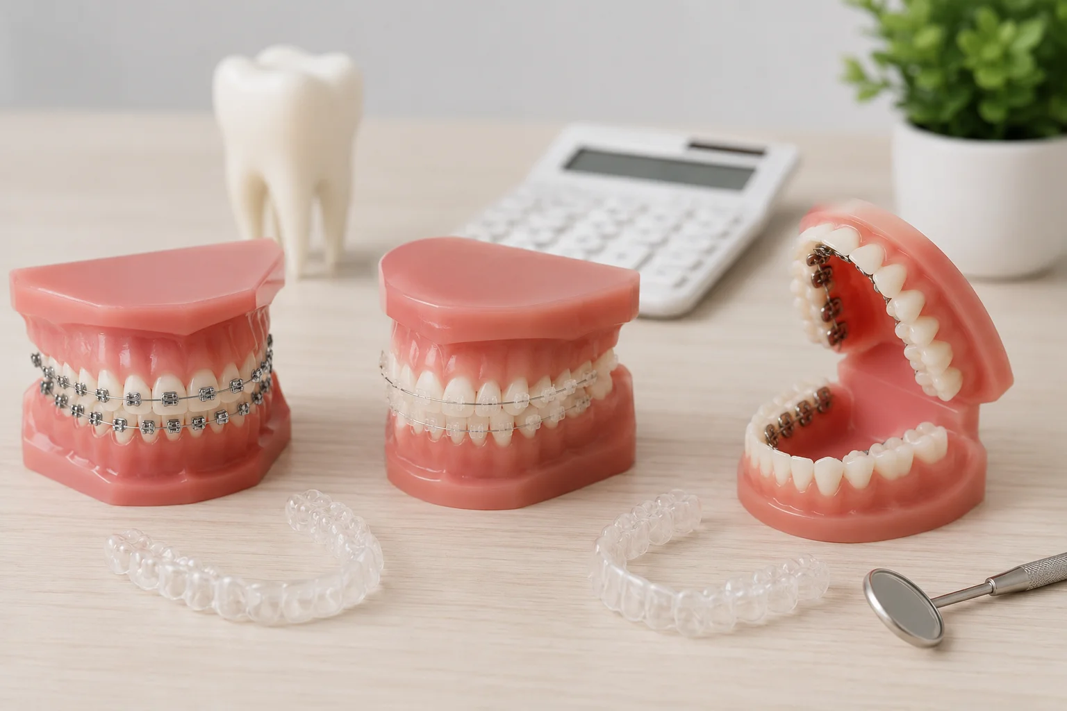 Modelle mit fester Zahnspange, Keramikbrackets und transparenten Alignern als Vergleich verschiedener Zahnspangen für Erwachsene.