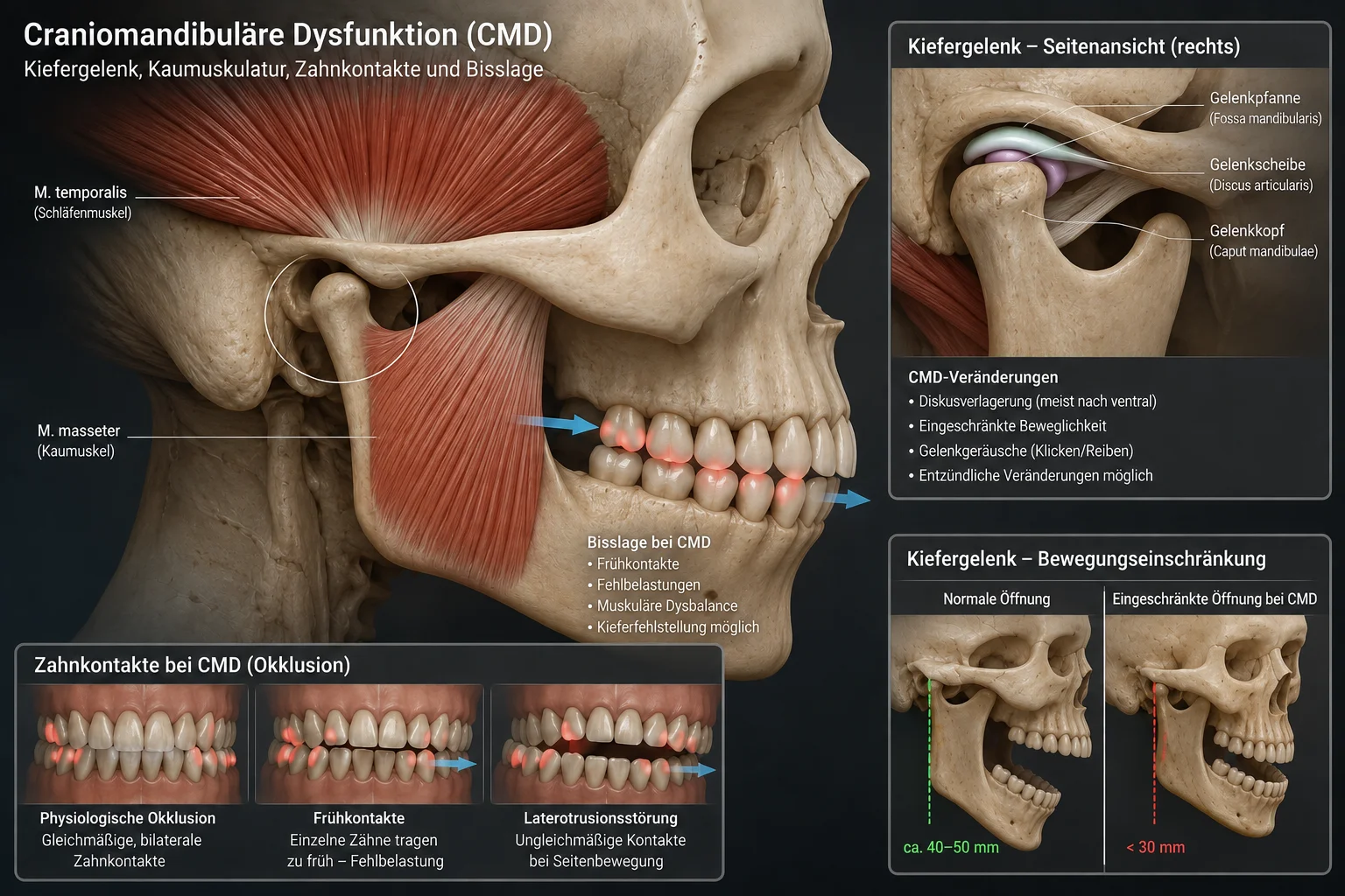 3D-Darstellung einer Craniomandibulären Dysfunktion (CMD) mit Kiefergelenk, Kaumuskulatur, Zahnkontakten, Bisslage und Vergleich zwischen normaler sowie eingeschränkter Mundöffnung.