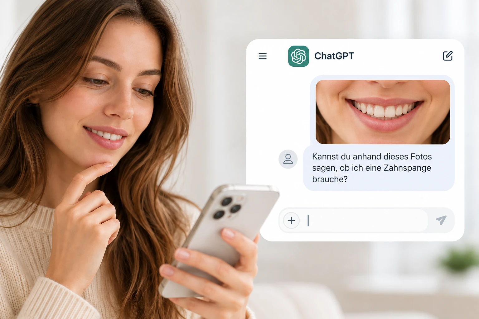 Frau lädt ein Foto ihres Lächelns bei ChatGPT hoch und fragt, ob sie eine Zahnspange braucht. KI und Kieferorthopädie im Alltag.